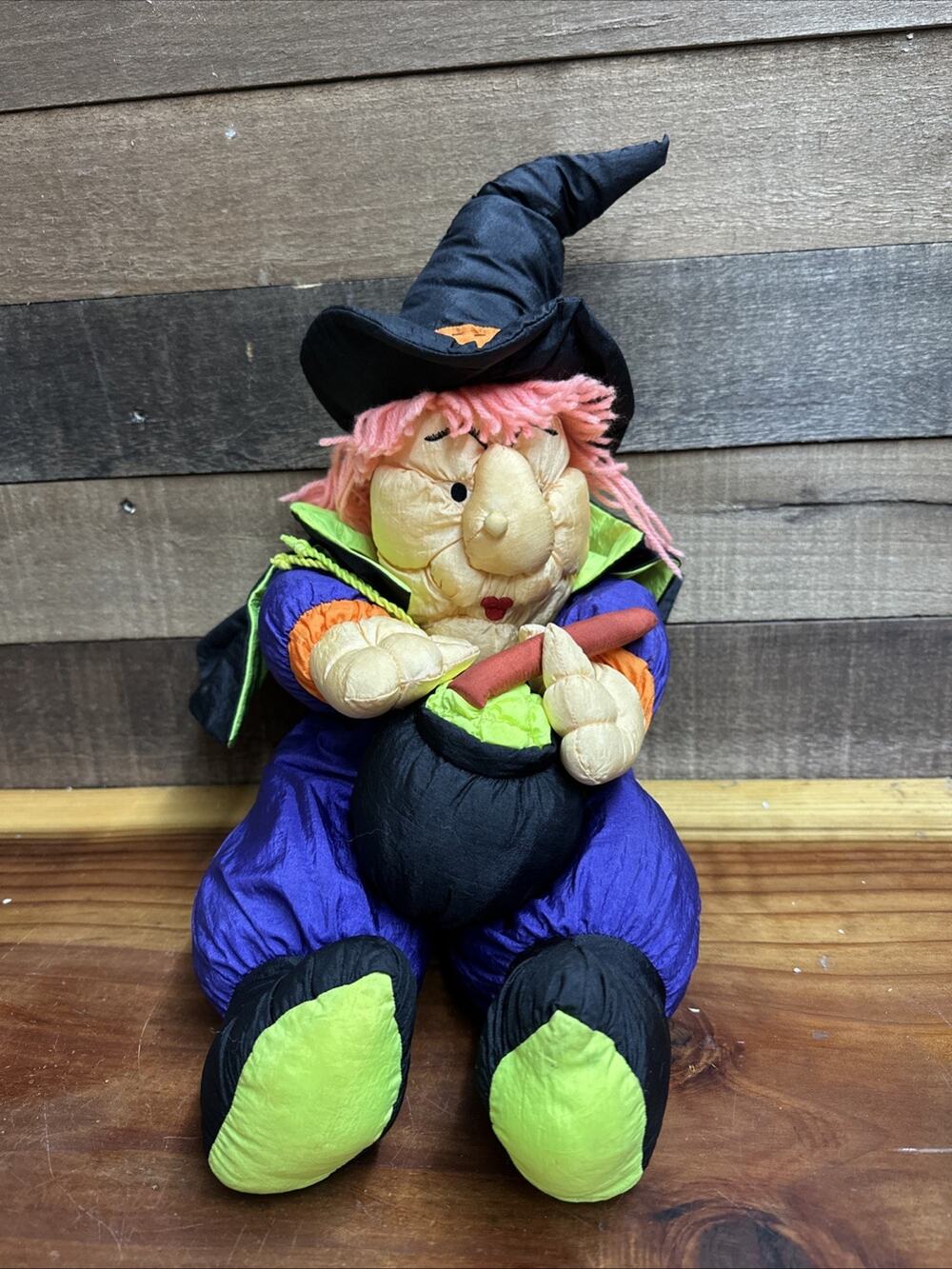 Vtg International Silver Plush Halloween Witch Puffy Nylon Plush Cauldron 14”